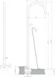 Freistehender Wanneneinlauf von Ideal Standard, mit gebogenem Auslauf. Sichtbare Montagebasis und Rohrdetails sind schematisch dargestellt.